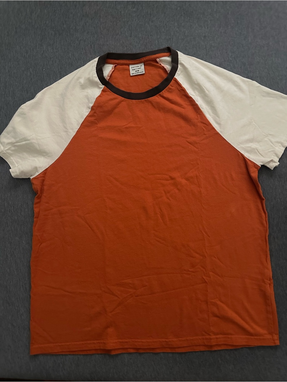 Cotton On Rust Orange Raglan Tee with Cream Sleeves and Black Collar